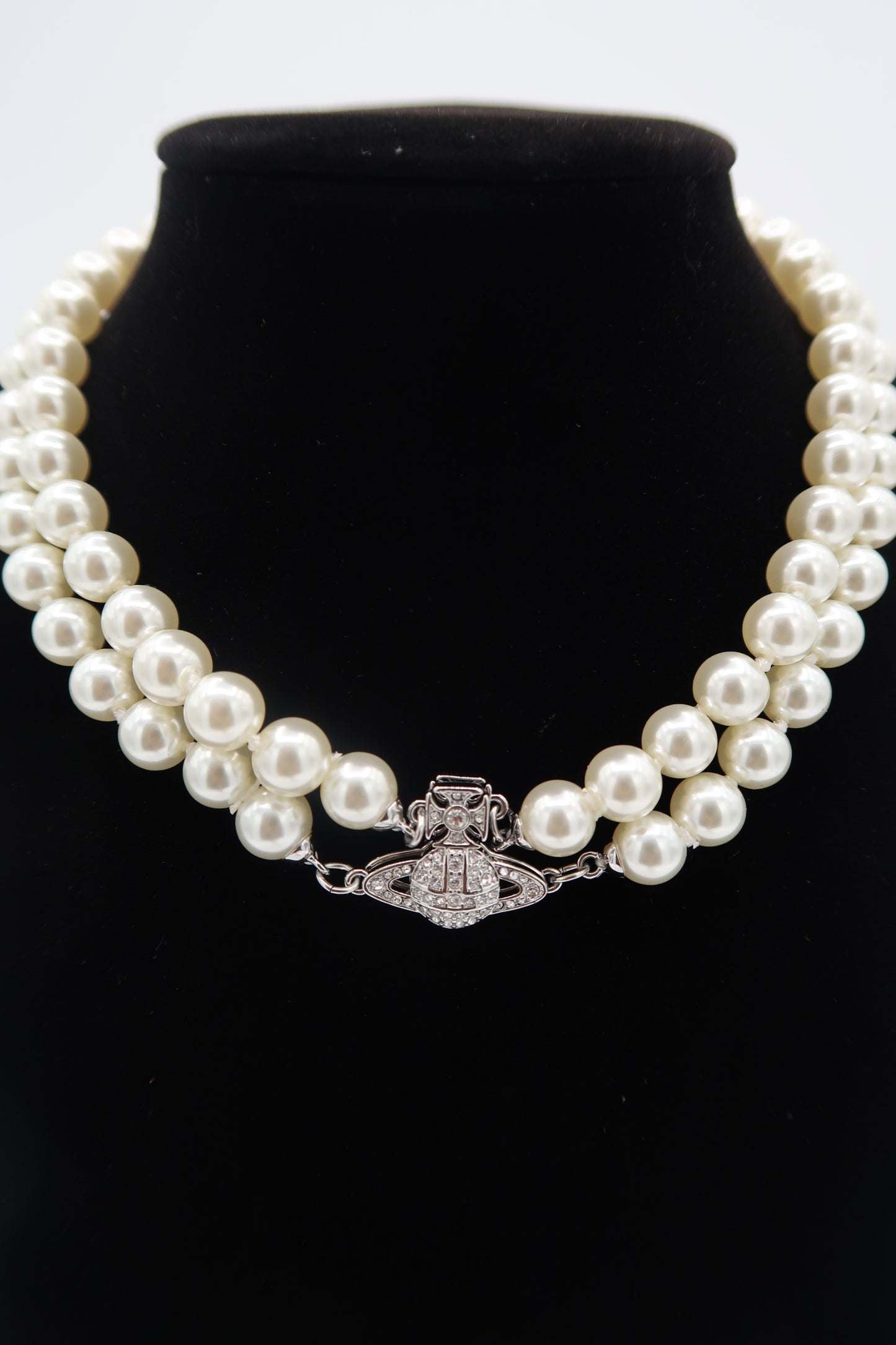 Vivienne Westwood Silver Tone Graziella Two Row Pearl Orb Choker Necklace