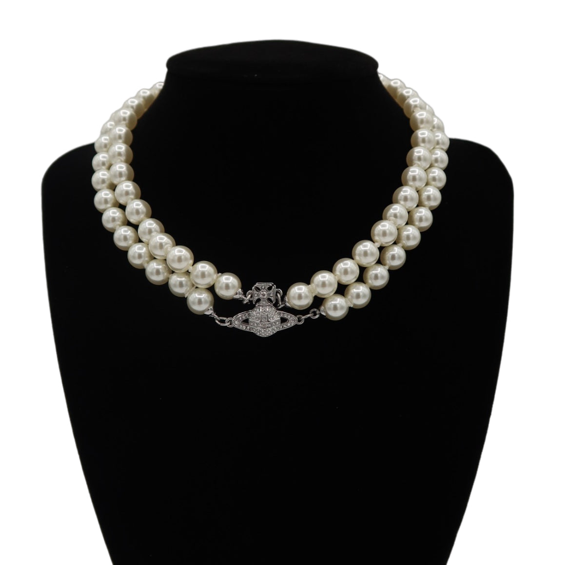 Vivienne Westwood Silver Tone Graziella Two Row Pearl Orb Choker Necklace