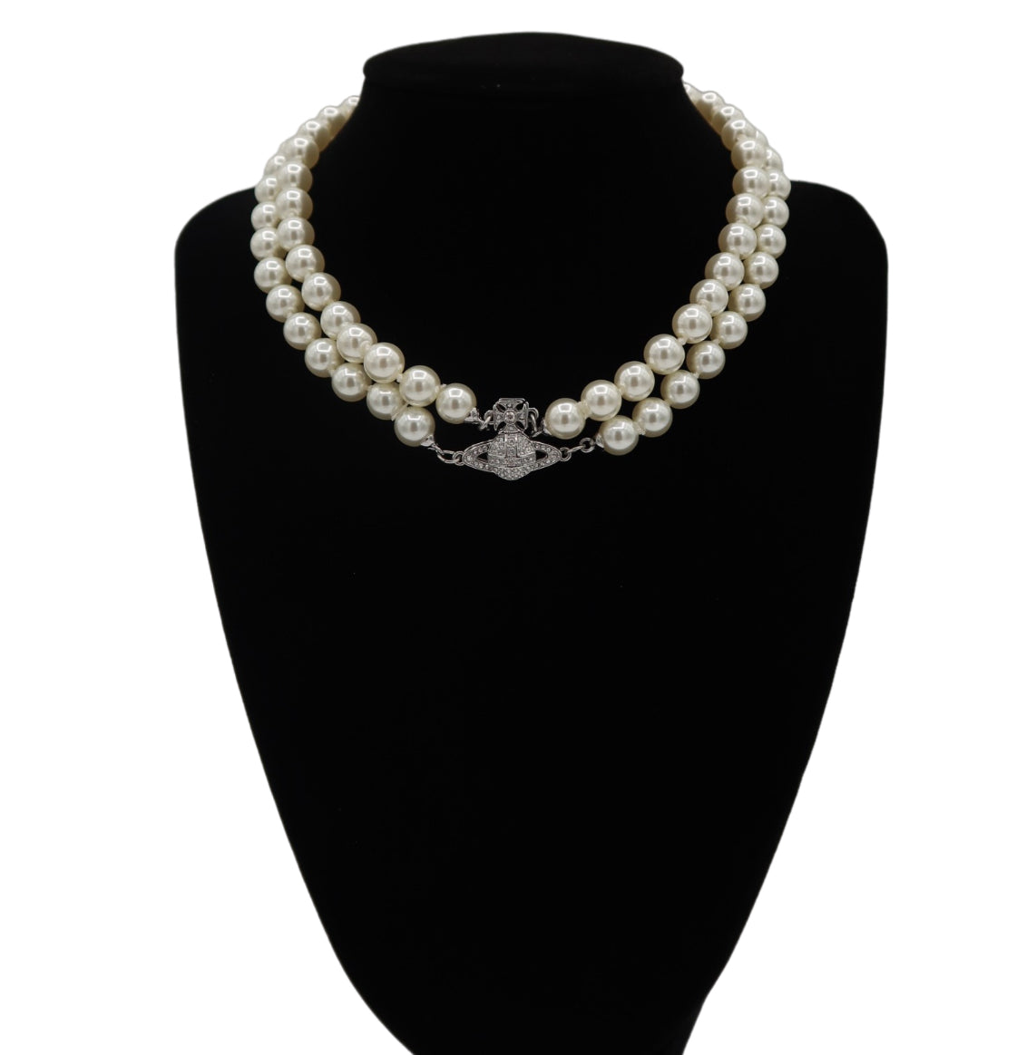 Vivienne Westwood Silver Tone Graziella Two Row Pearl Orb Choker Necklace
