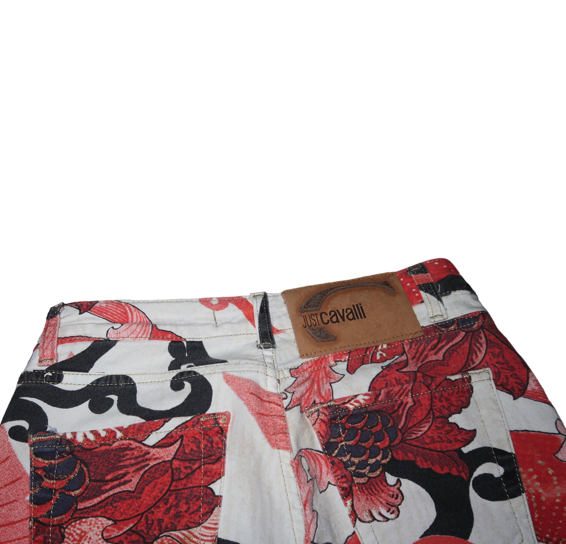 Roberto Cavalli Black, Red, and White Abstract Floral Pants