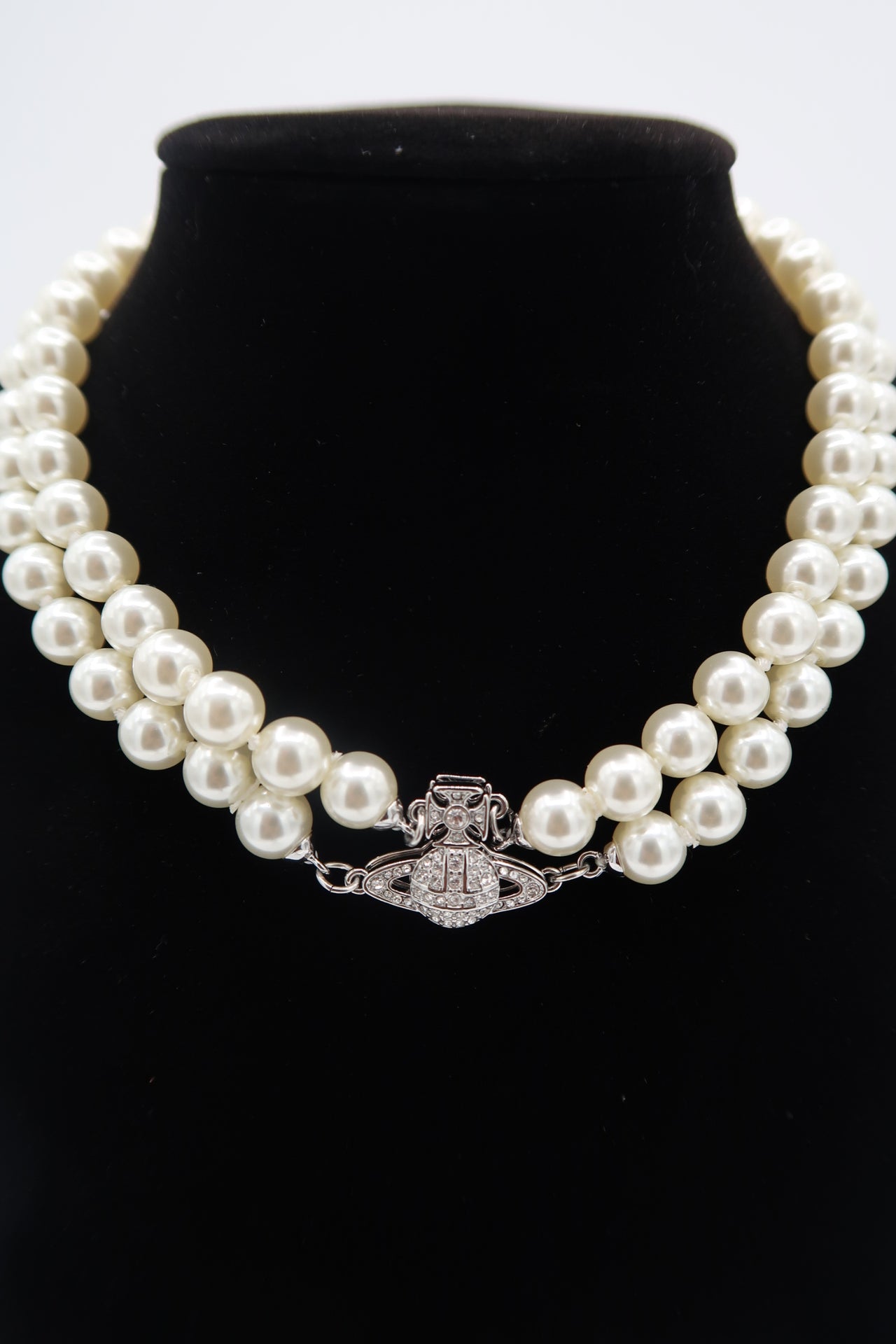 Vivienne Westwood Silver Tone Graziella  Two Row Pearl  Orb Choker Necklace