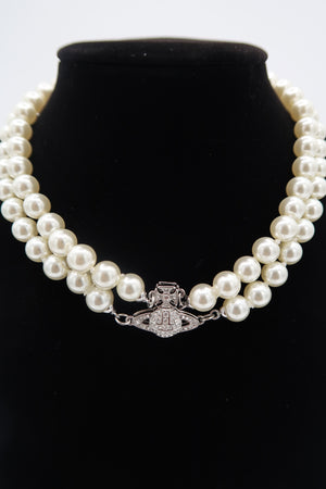 Vivienne Westwood Silver Tone Graziella  Two Row Pearl  Orb Choker Necklace