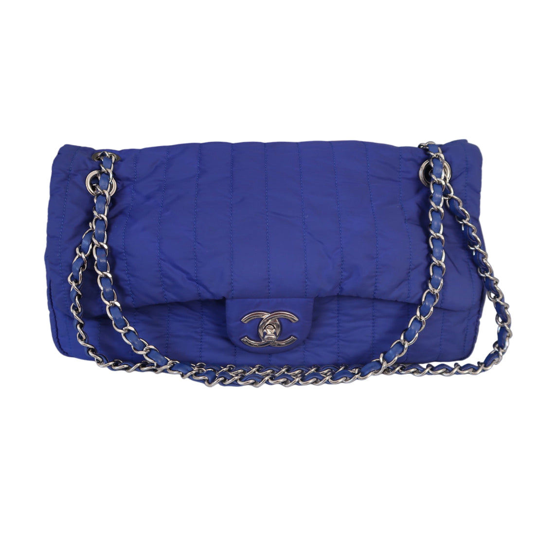 Chanel Cobalt Blue Nylon Vertical Quilted Jumbo Flap Purse
