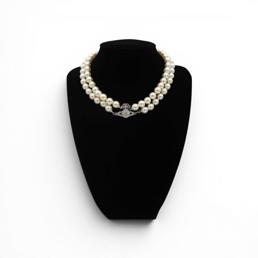 Vivienne Westwood Silver Tone Graziella  Two Row Pearl  Orb Choker Necklace