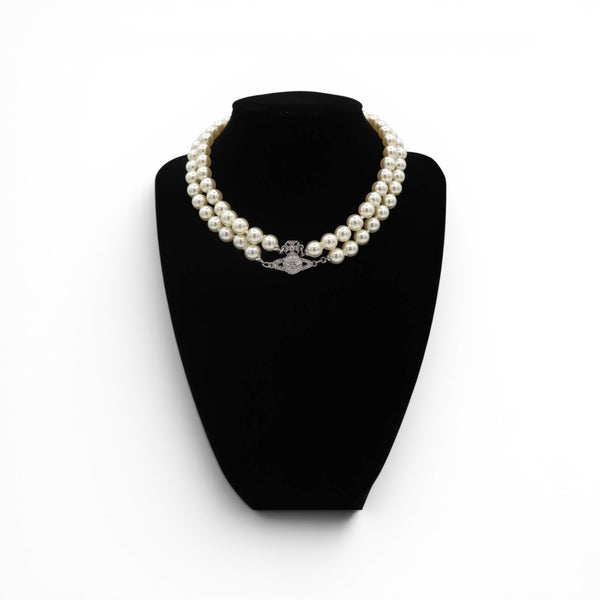 Vivienne Westwood Silver Tone Graziella  Two Row Pearl  Orb Choker Necklace