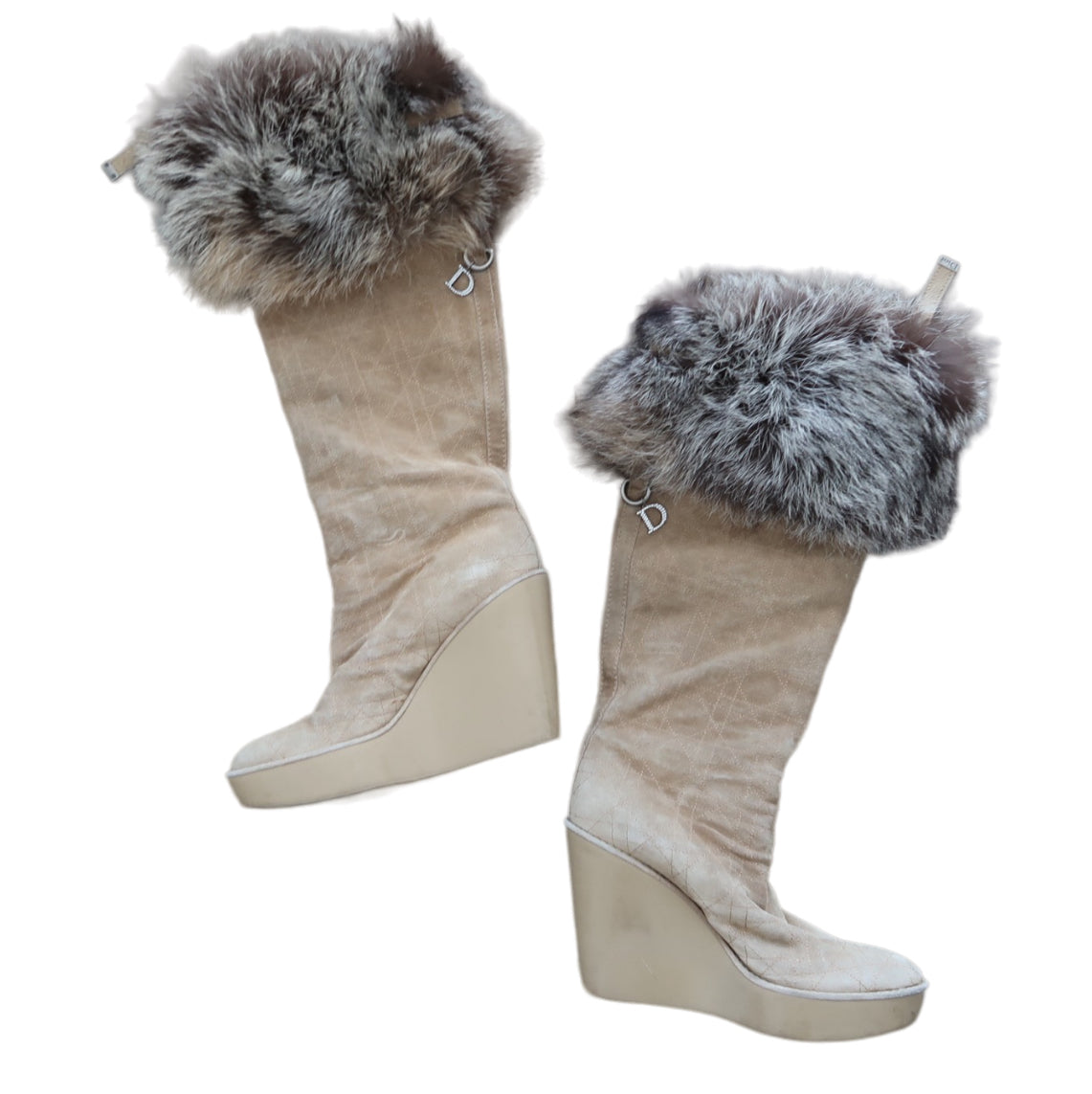 Christian Dior Beige Suede Fur Top Tall Wedge Boots