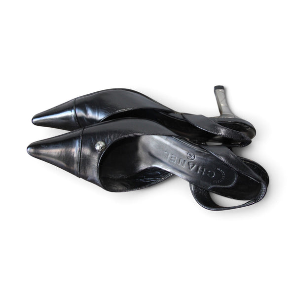 Chanel Black Leather Slingback Heels