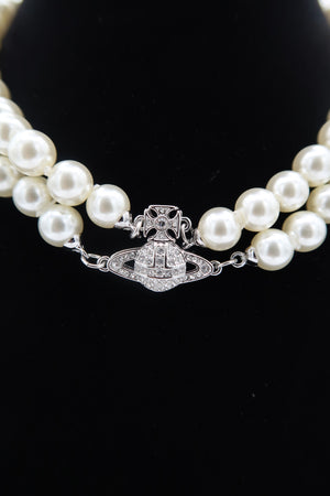 Vivienne Westwood Silver Tone Graziella  Two Row Pearl  Orb Choker Necklace