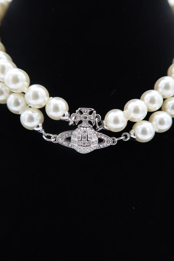 Vivienne Westwood Silver Tone Graziella  Two Row Pearl  Orb Choker Necklace