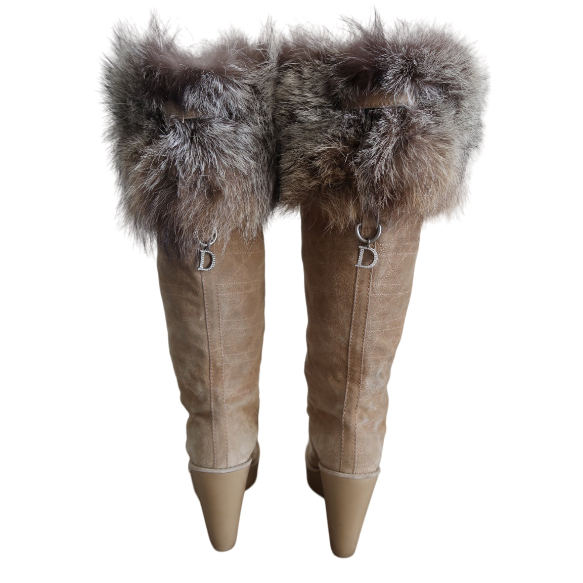 Christian Dior Beige Suede Fur Top Tall Wedge Boots