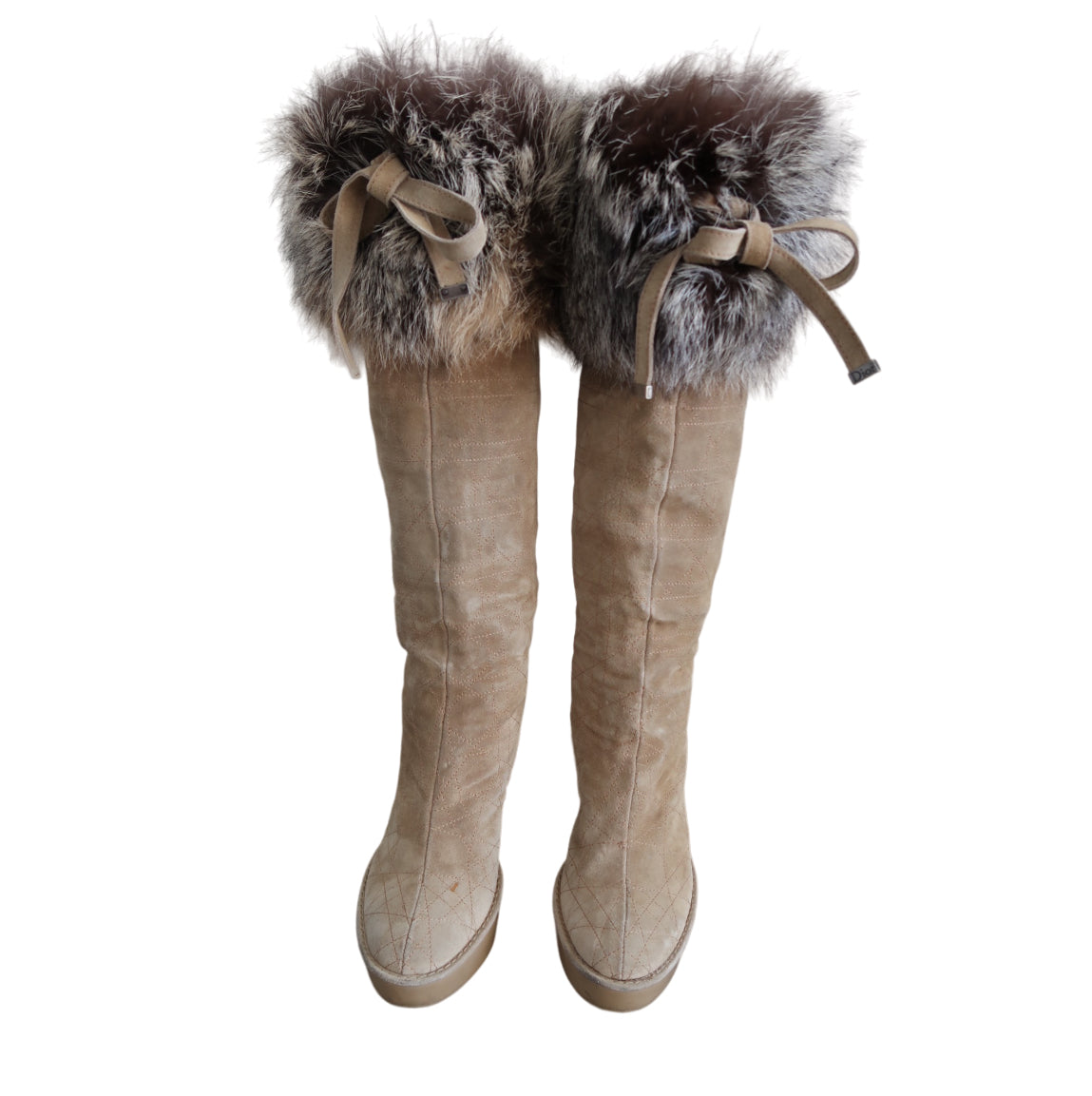 Christian Dior Beige Suede Fur Top Tall Wedge Boots