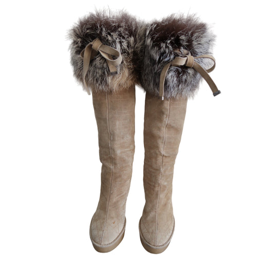 Christian Dior Beige Suede Fur Top Tall Wedge Boots