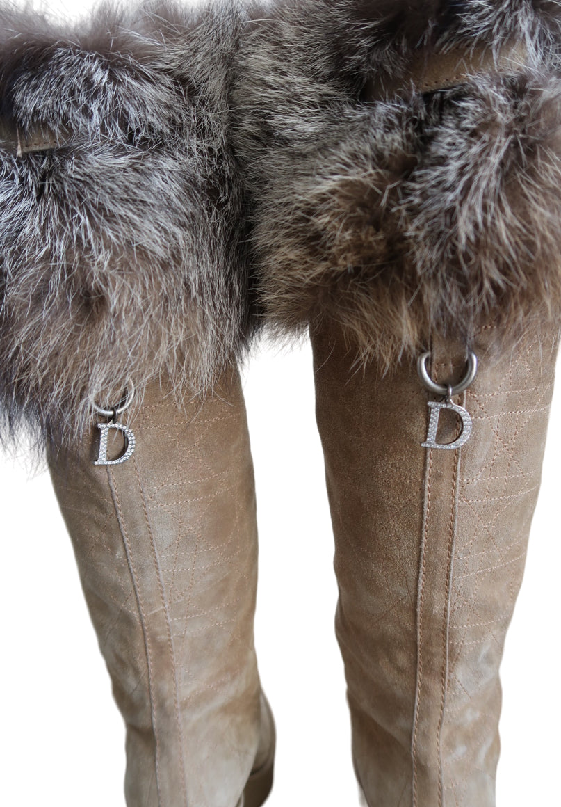 Christian Dior Beige Suede Fur Top Tall Wedge Boots