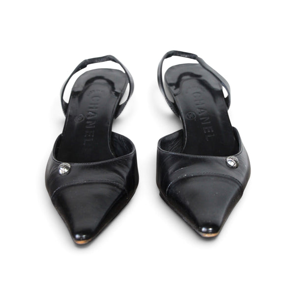 Chanel Black Leather Slingback Heels