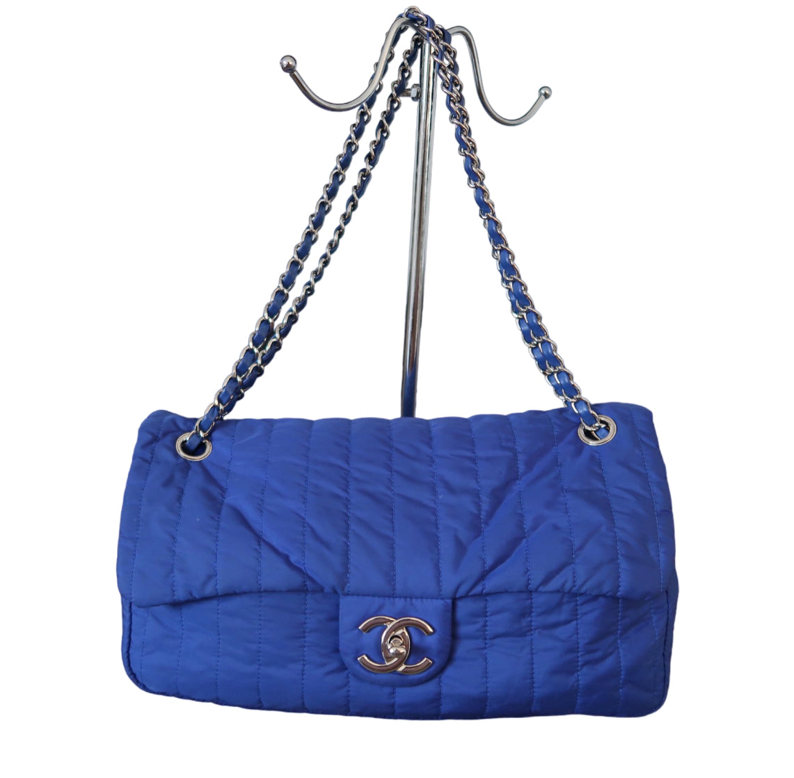 Chanel Cobalt Blue Nylon Vertical Quilted Jumbo Flap Purse