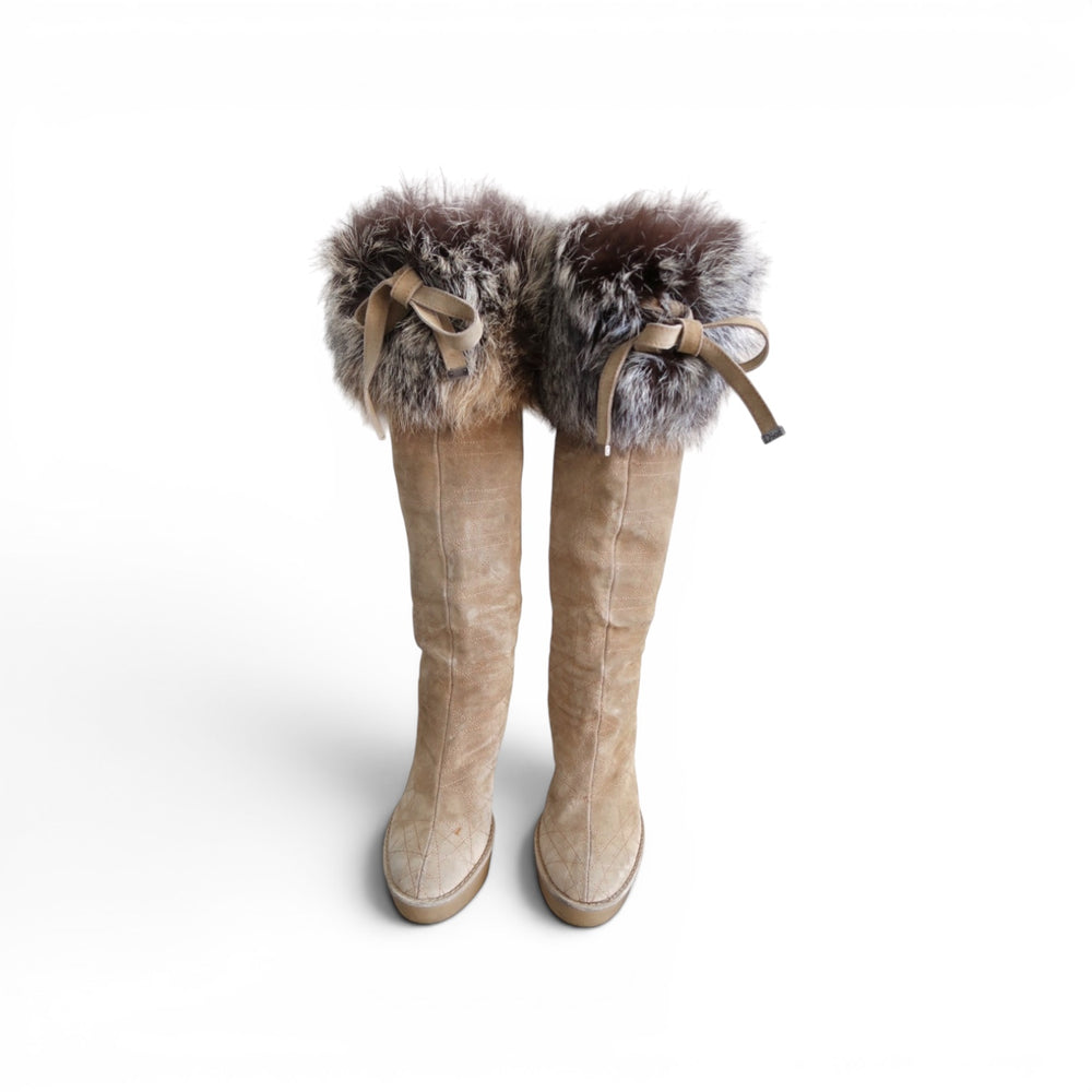 Christian Dior Beige Suede Fur Top Tall Wedge Boots
