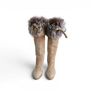 Christian Dior Beige Suede Fur Top Tall Wedge Boots