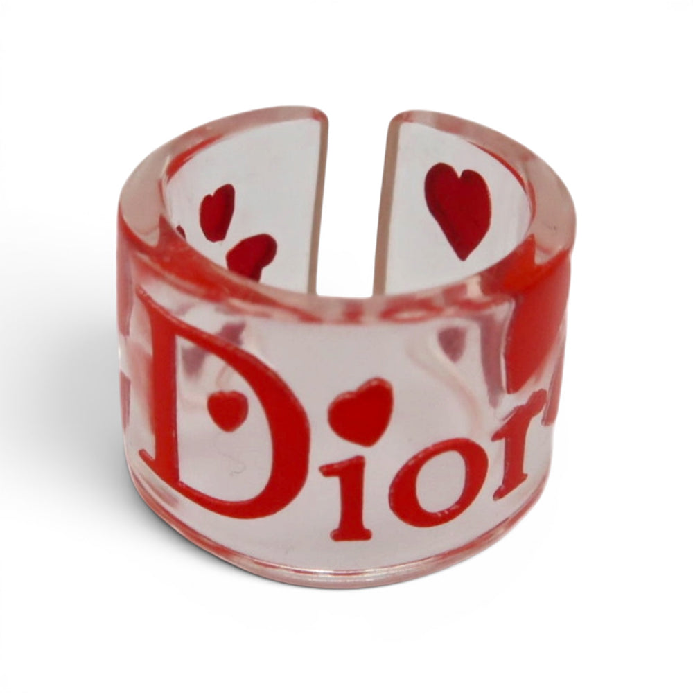 Christian Dior Red  Heart Lucite Resin Cuff Ring