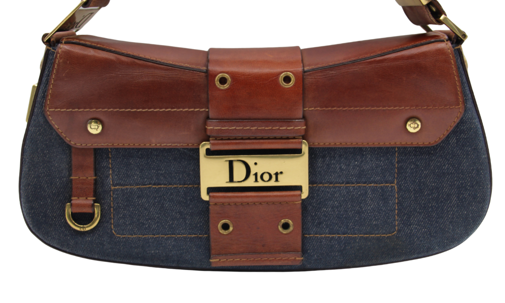 Christian Dior 2002 Denim and Brown Leather Street Chic Columbus Bag