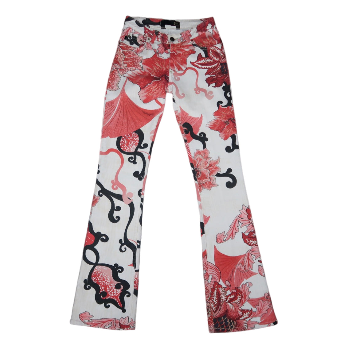 Roberto Cavalli Black, Red, and White Abstract Floral Pants