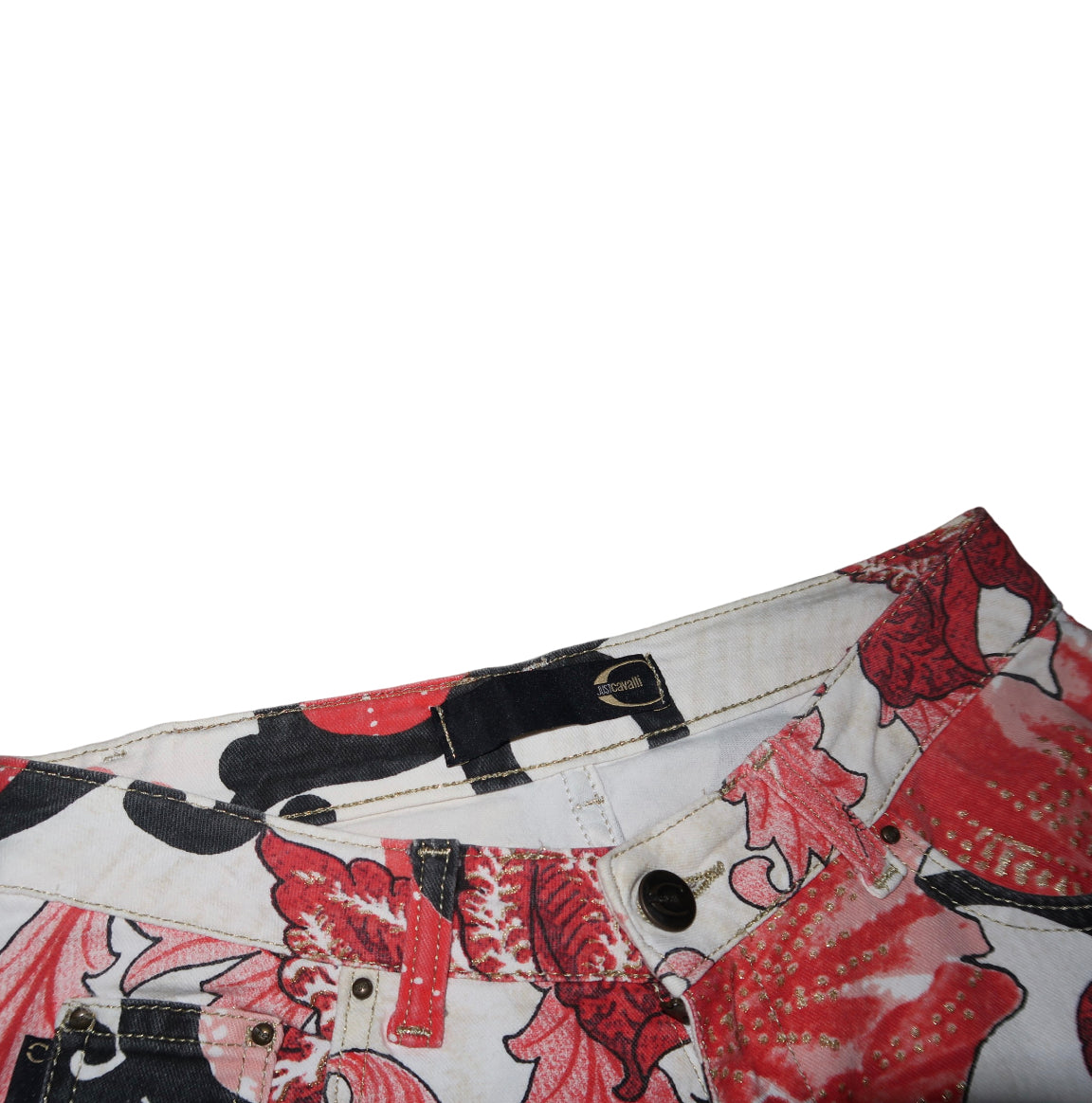 Roberto Cavalli Black, Red, and White Abstract Floral Pants